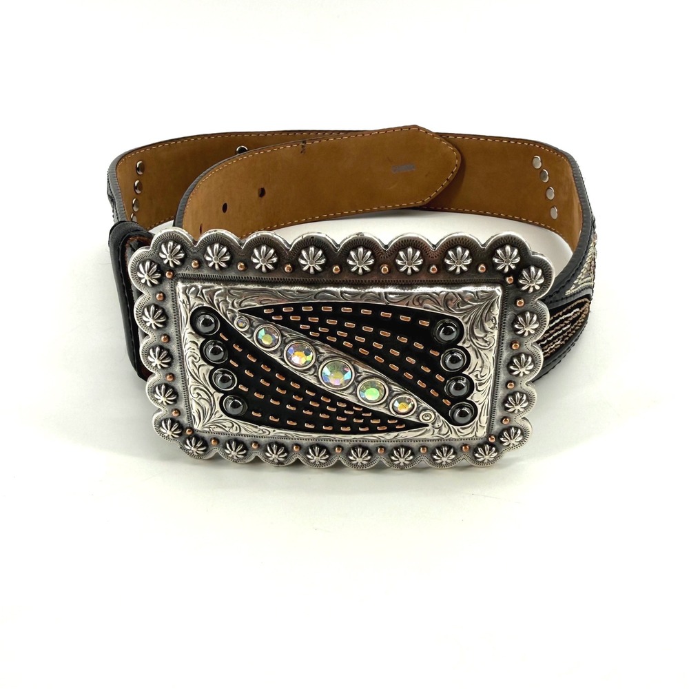 Tony Lama C50673 Black Leather Western Belt Rhinestone Trophy Buckle Size 30